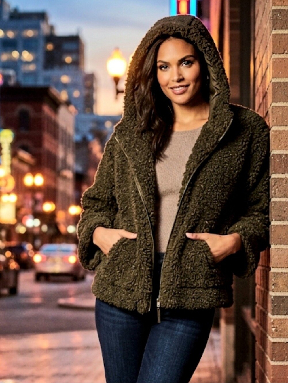 Max Studio Faux Fur Hooded Teddy Jacket Olive Green Zip Front Pockets